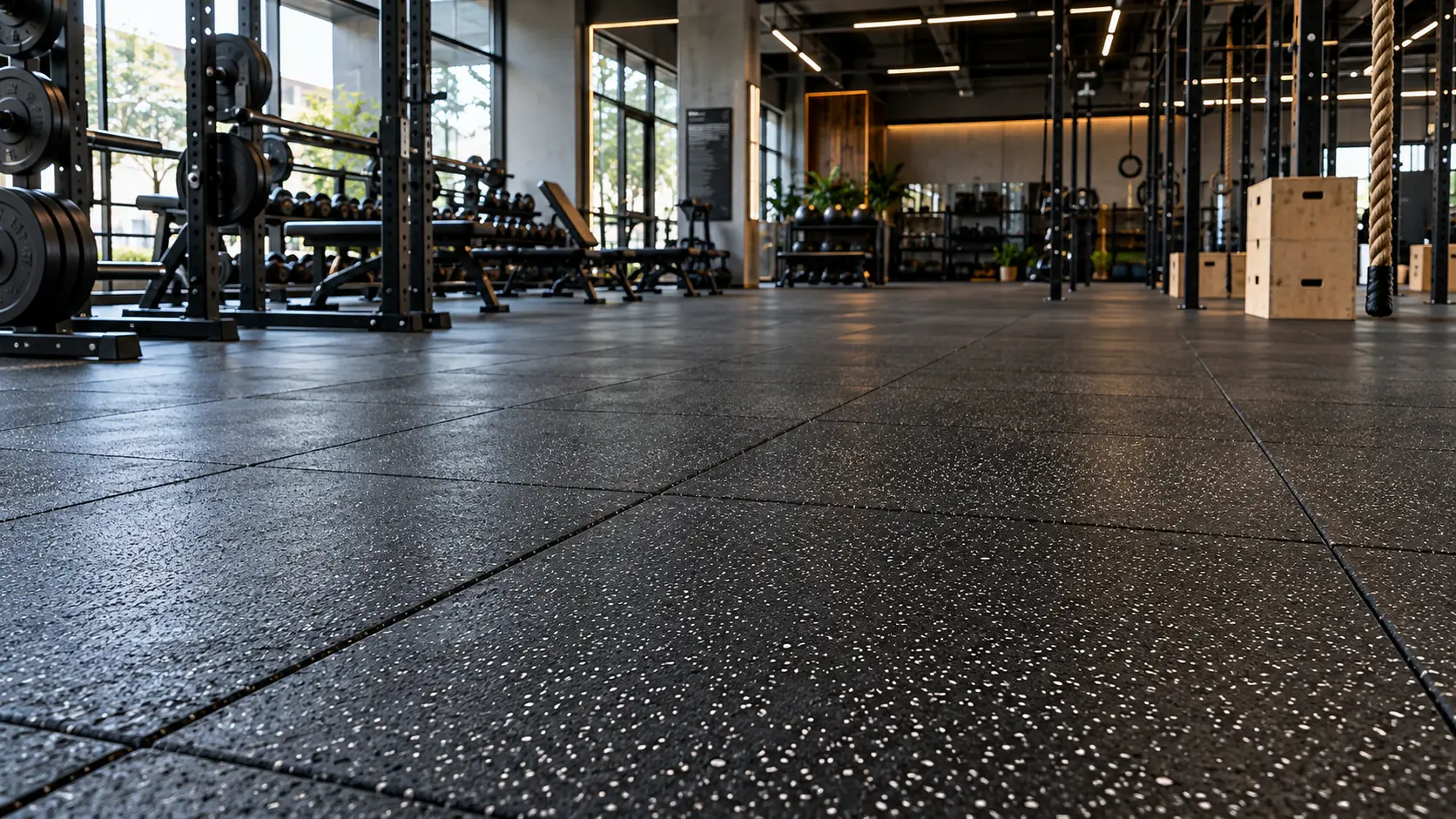 Piso emborrachado em uma academia, com a textura das placas em primeiro plano.